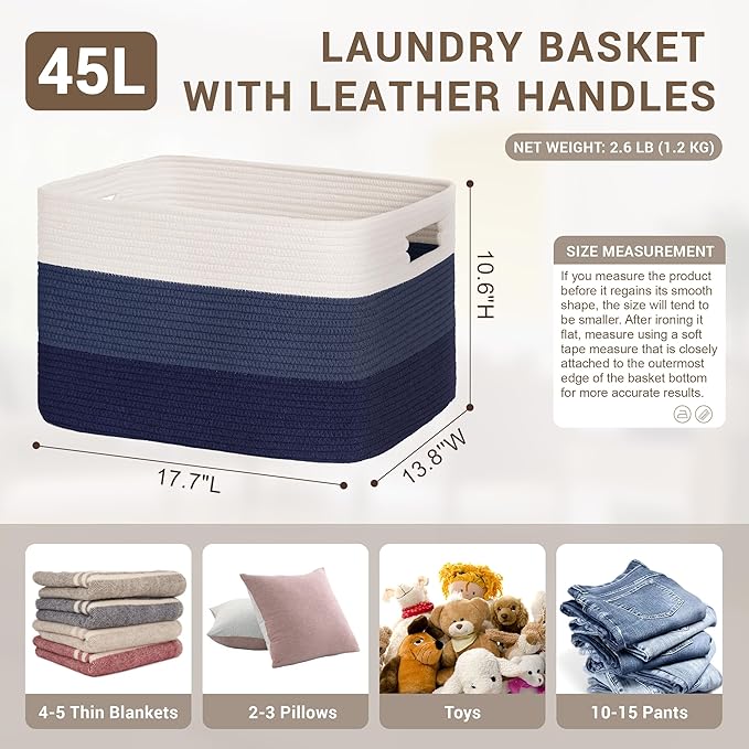 45L Small Laundry Basket with Leather Handles for Living Room Storage, Woven Rope Baskets Bin for Blanket, Kids Toy, Gifts, Wicker Hamper for Bedroom Dirty Clothes, 18"x14"x11" Gradient Blue