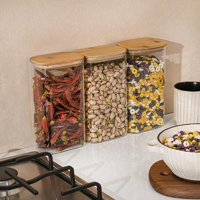 D2scrma 56oz Rectangle Airtight Glass Storage Containers with Bamboo Lids (Set of 4), Square Food Storage Jar, Pantry Organizers for Oats, Cereal, Pasta and Coffee beans (‎with Black Lable)