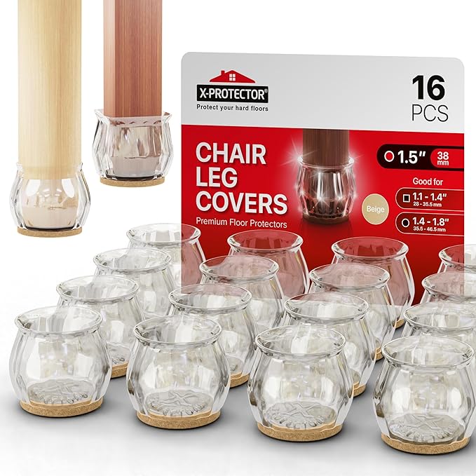 16 PCS Chair Leg Floor Protectors with Felt Pads X-Protector - 1.4" - 1.8" - Furniture Pads for Hardwood Floors - Clear Chair Pads - Floor Protectors for Chairs - Beige Chair Leg Covers!