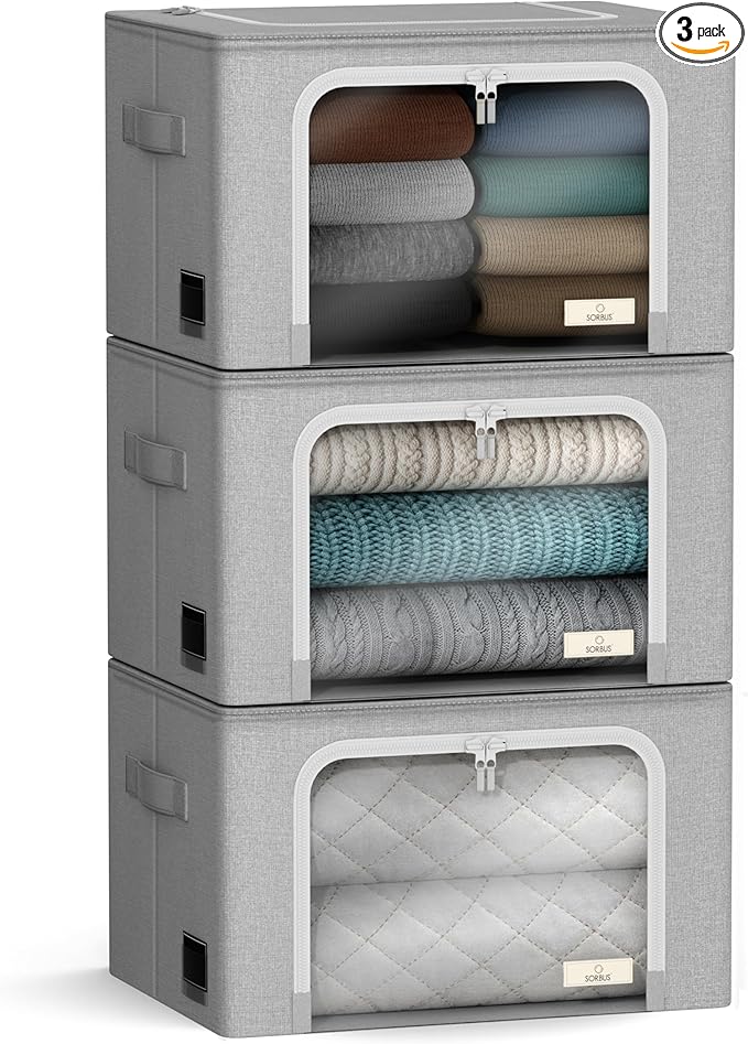 Sorbus Storage Bins with Metal Frame - Stackable & Foldable Clothes Organizer Bags - Oxford Fabric Storage Containers with Large Clear Window & Carry Handles Organization for Bedding Linen & Clothing