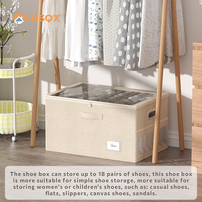 Shoe Organizer for Closet, Shoe Box Storage Containers Fit 18 Pairs Foldable Shoe Storage Bins with Clear Cover & Adjustable Dividers for Shoes Blankets Linen Clothing (Beige, (24.4*16.5*12.9)x1)