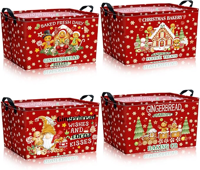 4 Pack Christmas Storage Bin Collapsible Large Christmas Gingerbread Man Storage Baskets for Gifts Canvas Laundry Basket Foldable Box with Handle for Office Home Bedroom Clothes Toys Decor