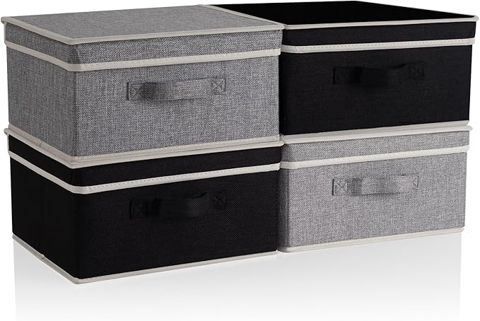 Storage Bins with Lid, Foldable Clothing Storage Box case with Handle for Closet, Bedroom, Home, Gray+Black, 13L x 12.5W x 7H inch