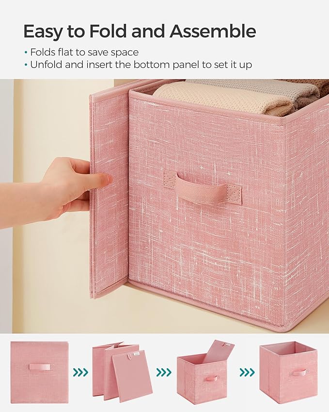 SONGMICS Storage Cubes, 11-Inch Non-Woven Fabric Bins with Double Handles, Set of 6, Closet Organizers for Shelves, Foldable, for Clothes, Jelly Pink UROB026R01