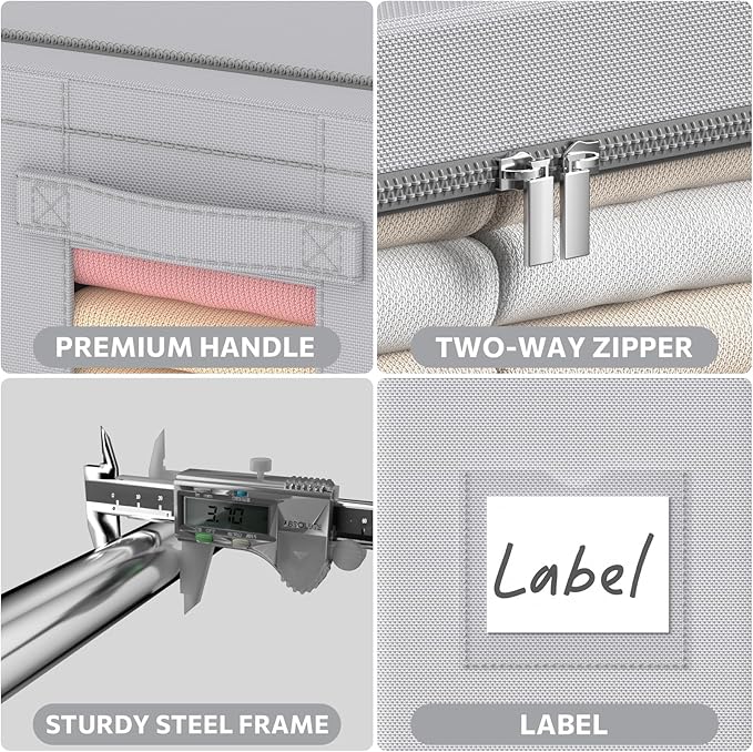CYhom 3Pack Frame Storage Box - Clothes Storage Bin Bags Oxford Fabric Foldable Stackable Container Organizer Set with Clear Window & Carry Handles (Grey, X-Small-36L)