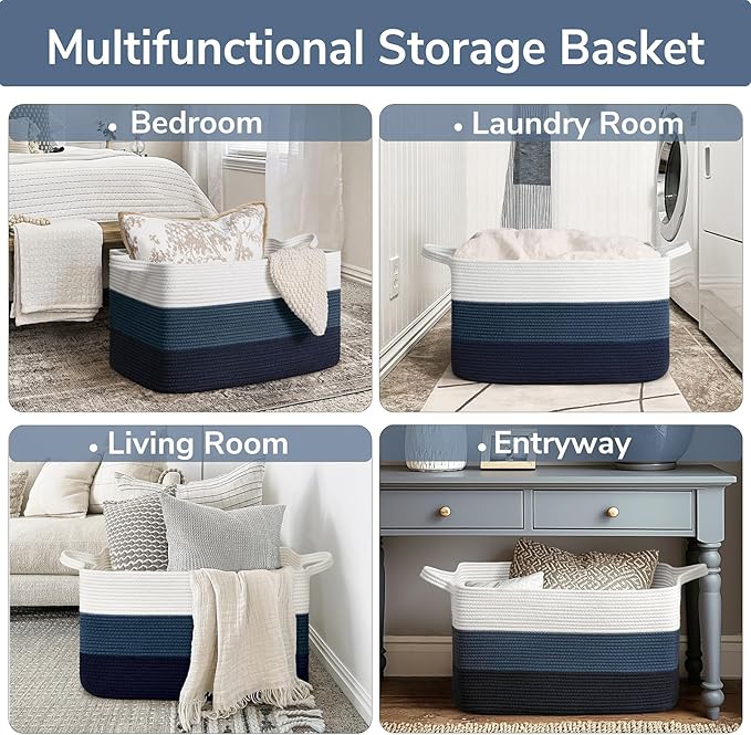 Goodpick Storaget Basket, 21.6" x 14.9" x 11.8", Toy Storage Baskets for Bedroom, Large Baskets for Organizing, Rectangle Woven Rope Basket for Blanket Storage, Blue