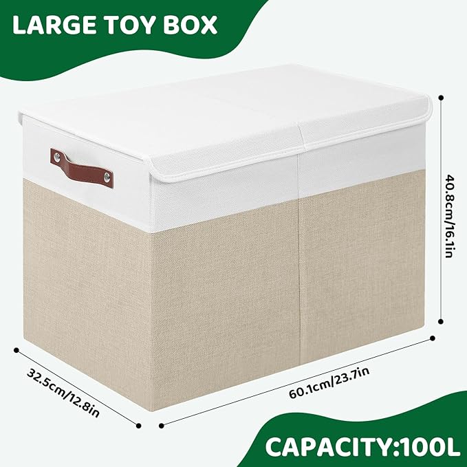 Large Toy Storage Box With Lid, Foldable Toy Storage Box with Handle and Dividers,Toy Storage Chest Suitable for living rooms, studies and bedrooms（24"X13"X16",White & Beige）