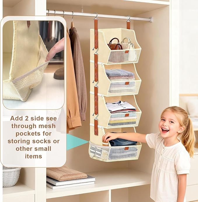 Fabric 4 Tier Hanging Closet Organizer Heavy Duty Beige Shelf Hanging Storage Towel Clothes Sweater Jeans Bag Organizer For Closet For Bedroom, Dorm, RV, See Through Front Panel, Space-Saving