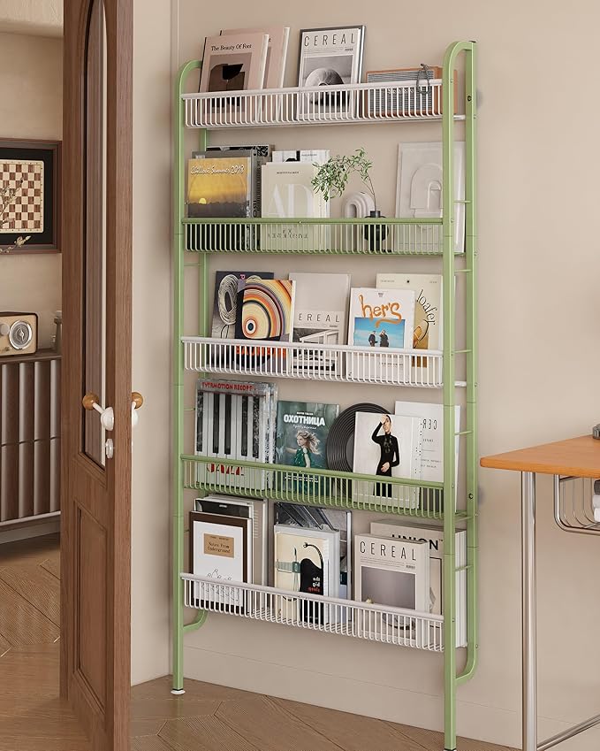 UMDONX Behind The Door Bathroom Shelf Narrow 5-Tier, Space-Saving Slim Storage Shelf Narrow Shelving Unit for Bathroom and Kitchen White+Green