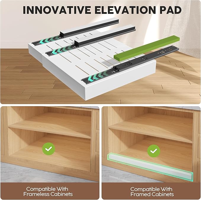 6 Pack Pull Out Cabinet Organizers 21" Deep With Raising Pad for Framed Cabinets, Expandable Slide Out Drawers with 4pcs Divider Racks, Roll Out Shelves, Adjustable Width 12"-20.45" White