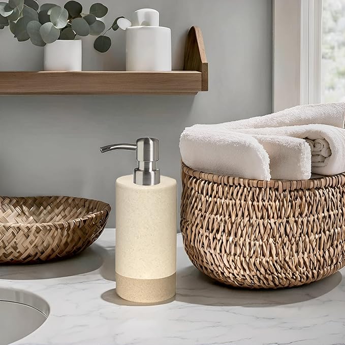 Bathroom Accessories Set 4, Beige Soap Dispenser for Bathroom, Toothbrush Holder,Tumbler Cup and Soap Dish, New Apartment Essentials, Modern Beige Bathroom Décor (Rustic)