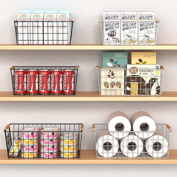 3 Pack Wire Storage Baskets for Organizing,Household Pantry Storage Freezer Baskets with Wooden Handles,Metal Storage Baskets for Bathroom, Laundry, Garage，Sliver