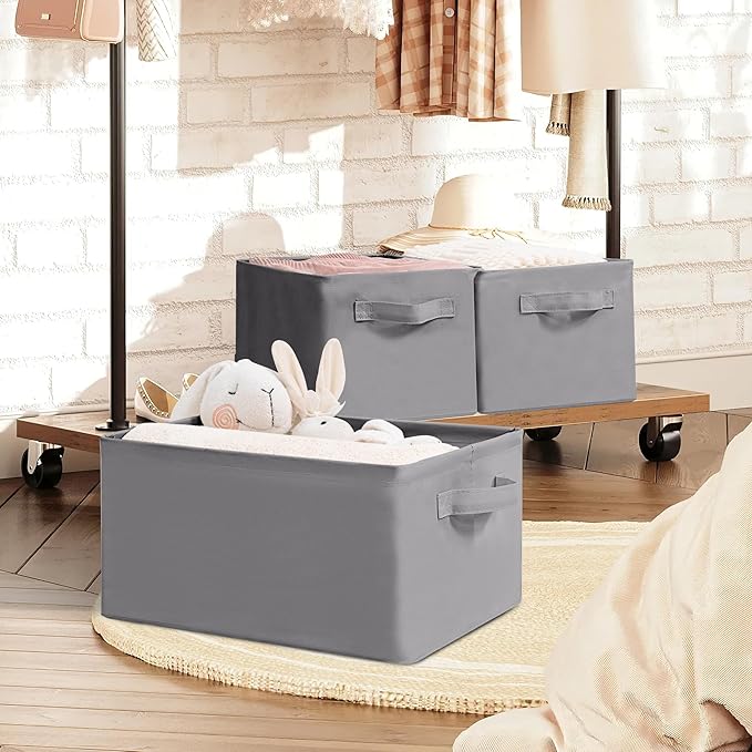Storage Basket Bins with Metal Frame, Large Collapsible Fabric Storage Baskets for Organizing Shelf, Basket Organizer W/Handles for Blankets, Towels, Laundry, Shelves, 5-Pack, Gray