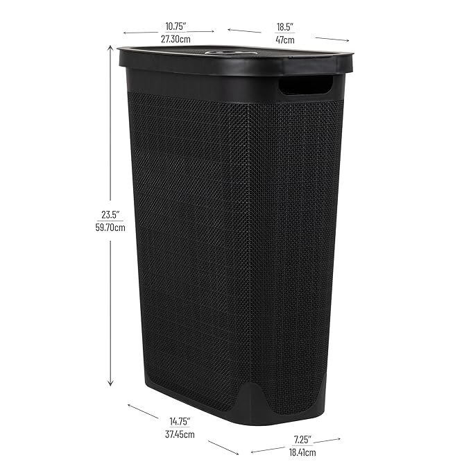 Mind Reader Slim Laundry Hamper with Lid, 40L Clothes Basket, Linen Design, Plastic, Black