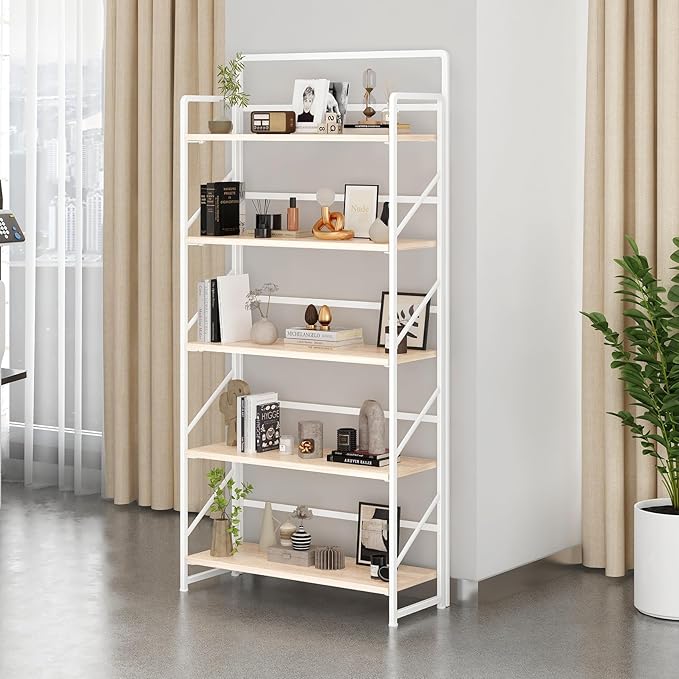 JSB Folding Bookshelf,Industrial Storage Shelves, No Assembly Vintage Wood Look Bookshelf with Storage Shelves for Living Room, Bedroom, Office (White, Wide 5-Tier)