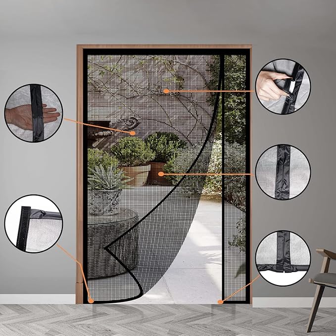 Reversible Left or Right Side Opening Magnetic Screen Door, Narrow Durable Fiberglass Mesh Curtain Hands Free for Patio, Bedroom, Fits Door Size 60" x 80", Black