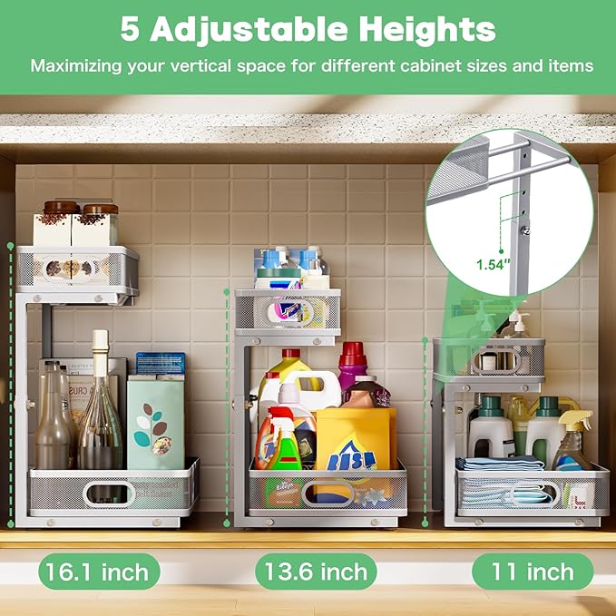 Under Sink Organizer, High Adjustable 2 Tier Under Sink Organizers and Storage, Slide Out Metal Cabinet Organizers, Pull Out Sink Storage Drawer Shelf for Kitchen Bathroom Cabinet, Grey, 1 Pack