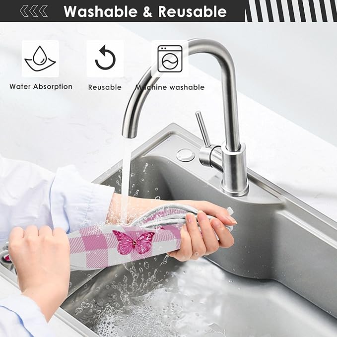 Sink Faucet Absorbing Mat Kitchen Sink Splash Guard Splash Faucet Drip Catcher for Bar RV Bathroom 2PCS 14.9x5.5in Checkered Pink and White Butterflies