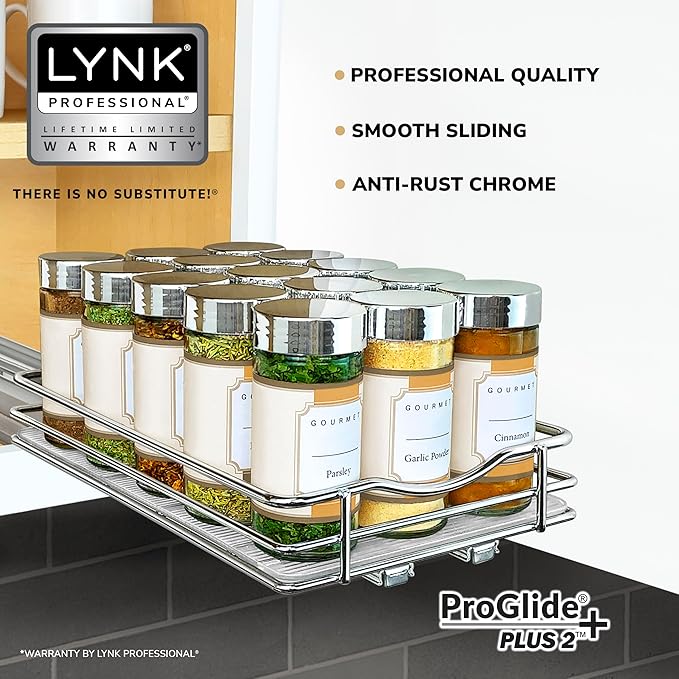 LYNK PROFESSIONAL® Pull Out Spice Rack Organizer for Inside Kitchen Cabinets - 6-3/8 inch Wide - Slide Out Drawer – Chrome Sliding Spice Organization for cabinet - Spice Racks - 1 Tier