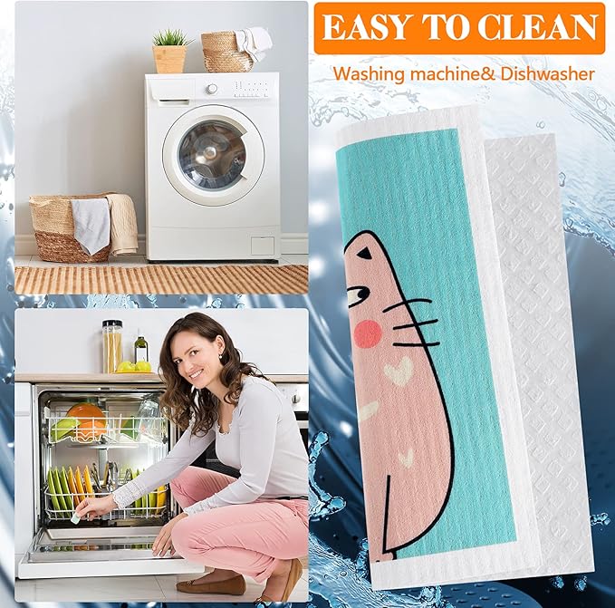 Patelai 6 Pieces Cat Swedish Kitchen Dish Towels Kitchen Cloths Reusable Sponge Cleaning Absorbent Dish Cloth No Odor Cat Hand Towel Quick Drying Washable Cleaning Wipes
