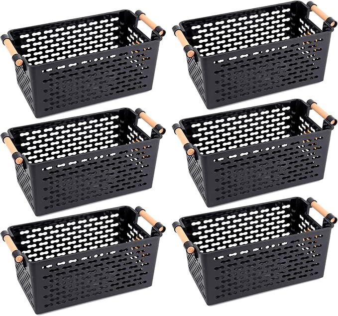 Yesland 6 Pack Plastic Storage Basket, Black Basket Organizer Bin with Handles for Home Office Closet, 6 x 12 x 5 Inches