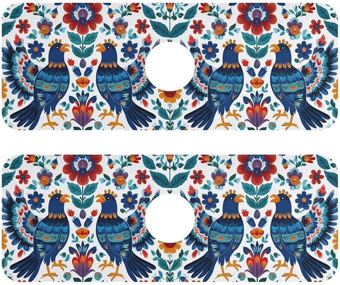 Mexico Eagles Flowers Blue Kitchen Sink Splash Guard Sink Faucet Mat Faucet Handle Drip Catcher Drain Mats for Kitchen Bathroom Countertop Absorbent Dish Drying Pad 2Pack 14.7x5.4IN