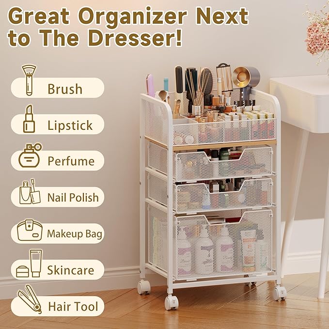 Makeup Cart Organizer with 3 Drawers,Floor Skincare Organizers with Dividers, Vanity Organizer Cosmetics Display Cases Holder for Skin Care Nail Polish Perfume Makeup brush Hair Tool,White
