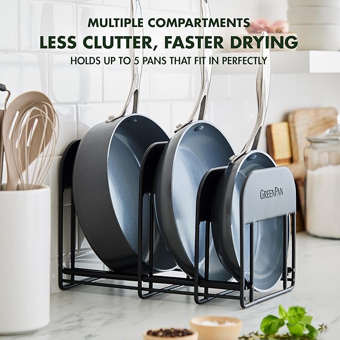 GreenPan Stainless Steel Wire Cookware Storage Rack, 5 Frying Pan Compartments, Countertop or Cabinent Organizer, Minimizes Clutter, Fast Drying, Wipes Clean, Black