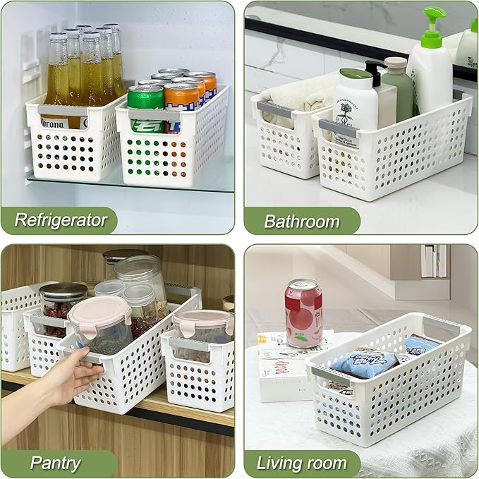 Soddeph 4 Pack Slim Plastic Storage Basket with Handles, Rectangular Storage Bins for Shelves,Narrow Organizer box for Organizing, Kitchen,Home,Office (White, Small)