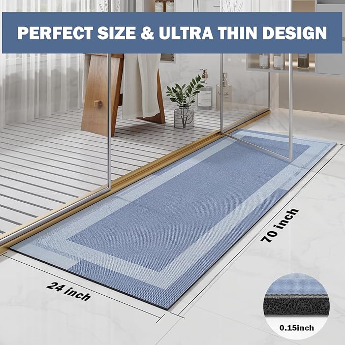 YDKGL Extra Long Non Slip Bathroom Runner Bath Mat, Rubber Backing Ultra Thin Bath Rug Fit Under Door Quick Dry Super Absorbent Washable Shower Mat for Bathroom Floor Bathtub Sink, Blue 24"x70"