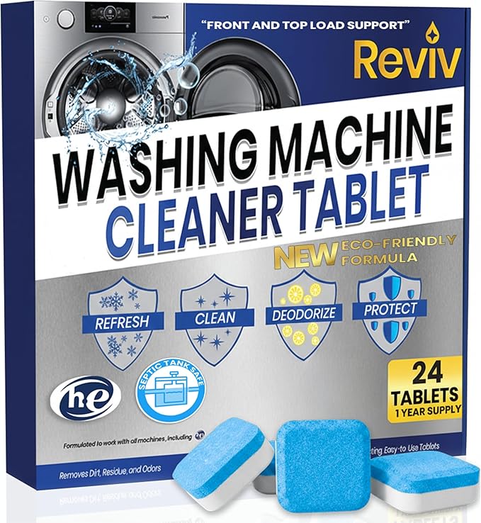 REVIV Washing Machine Cleaner Tablets – HE Compatible Descaler, 24 Count (12-Month Supply) – Septic-Safe for Front & Top Load Washers