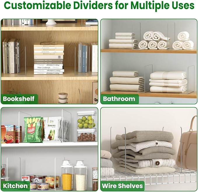 Jogori Shelf Dividers for Closet Organization: 8 Pack 10" Tall X 8.4" Deep Acrylic Clear Vertical Shelves Separators - Adhesive Adjustable Easy to Install Remove - Handbags/Clothes/Towel Storage