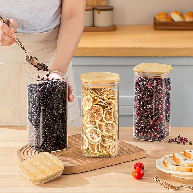 51 Oz Glass Storage Jars with Bamboo Lids - 3 Pack Clear Glass Canisters Square Airtight Stackable Ideal for Pantry Storage Containers Great for Storing Oats Coffee Beans Pasta Flour Rice etc