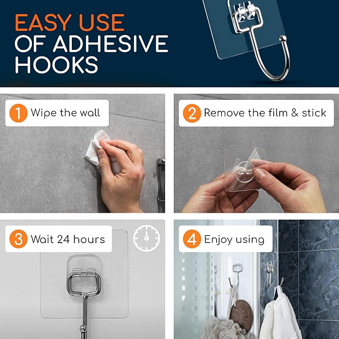 GLUIT Adhesive Wall Hooks for Hanging Heavy Duty 22 lbs Hooks for Walls No Damage, Towel Sticky Clear Hook, Waterproof, Home, Bathroom, Kitchen, Office, and Outdoor 6 Pack