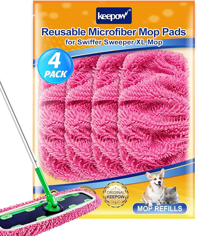 Microfiber Mop Pads for Swiffer XL Mops Reusable Wet and Dry Mopping Cloths Compatible with Swiffer Sweeper XL,4 Pack Pink Washable XL Mop Refill Replacement for All Hardwood Dry & Wet Cleaning