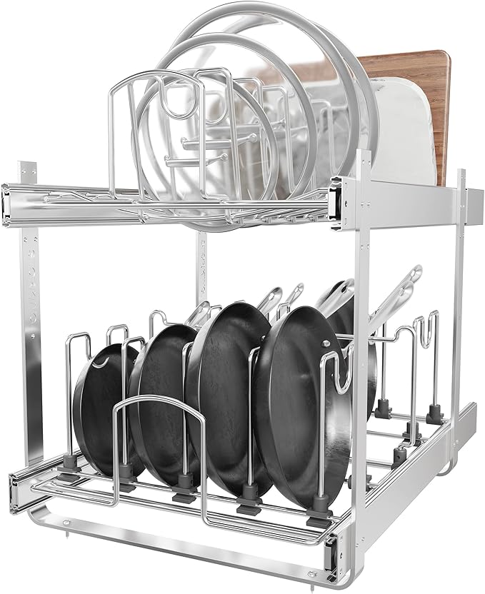2-Tier Kitchen Pull out Cabinet Organizer for Pots, Pans, and Lid Cookware, Adjustable Heavy Duty Wire Pan and Pot Rack, Full-Extension Rail 15" W *22" D