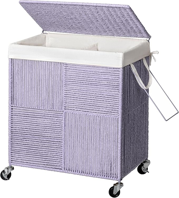 WOWLIVE Double Laundry Hamper with Lid, Handwoven Rolling Laundry Basket with Wheels, 115L Dirty Clothes Hamper with Removable Liner Bag Large Capacity Laundry Sorter Laundry Room Organization,Purple