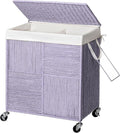 WOWLIVE Double Laundry Hamper with Lid, Handwoven Rolling Laundry Basket with Wheels, 115L Dirty Clothes Hamper with Removable Liner Bag Large Capacity Laundry Sorter Laundry Room Organization,Purple