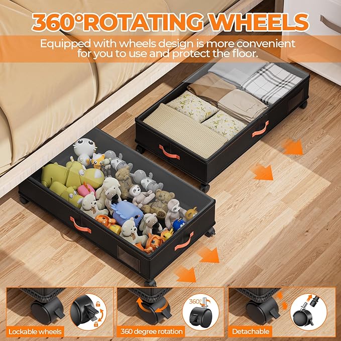 Under Bed Storage with Wheels,2-Pack Under Bed Storage Containers with Clear Lids,XXL Large Under the Bed Storage Organizer Bins With Handles,Space Saving Design for Clothes,Shoes,Books-Black