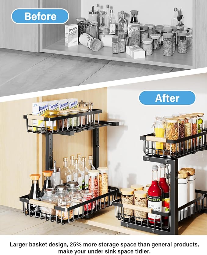 Under Sink Organizer Storage for Families: Pull Out Storage Undersink Organizers Drawer Cabinet - Sliding 2 Tier Rack Metal Organization Under Counter Kitchen Bathroom for Homemakers(Black,1 Pack)
