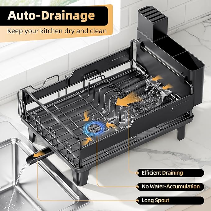 Dish Drying Rack for Kitchen Counter, Countertop Dish Rack with Drainboard, Multifunctional Dish Drainer with Cups Holder & Cutting Board, Home Plate Storage Rack with Cutlery Holder, Black