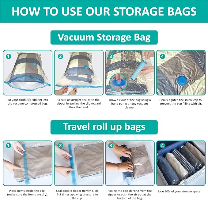Cozy Essential 16 Pack Vacuum Storage Bags, Space Saver Bags (2J/2L/3M/3S/6Roll) Compression Storage Bags for Comforters and Blankets, Pillow, Bedding, Vacuum Sealer Bags for Clothes Storage
