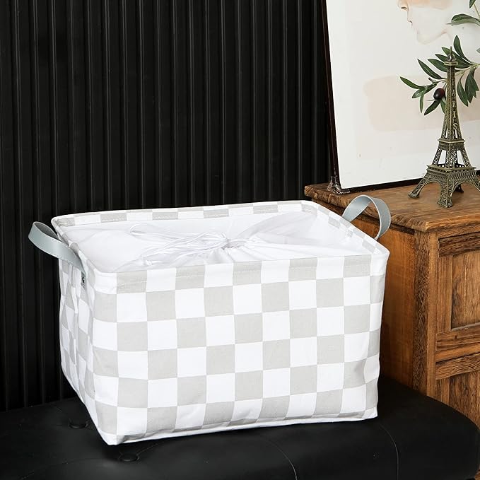 Hinwo Large Canvas Fabric Storage Basket with Handles, 33L/8.6-Gal Rectangle Bin, Collapsible Storage Box, Clothes, Toys, Blankets Organizer, 16.5 x 12 x 10 Inches (L, Grey Checkerboard)