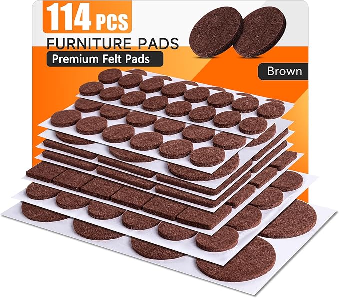 Felt Furniture Pads 114 PCS, 7 Sizes, Felt Pads for Chair Legs, Suitable for Round and Square Chair Legs, to Prevent Scratches, Reduce Noise and Protect The Floor (Brown)
