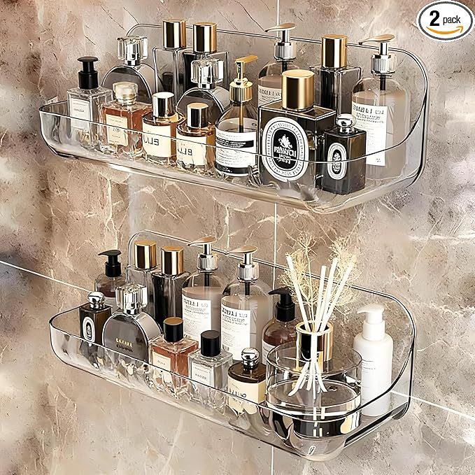 CasaVibe 2 PCS Acrylic Wall Mounted Transparent Shelf, Non Drilled Wall Adhesive Bathroom Shelf with Self-adhesive Tape, Suitable for Storage in Bathrooms and Kitchens