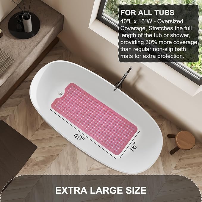 Bath Tub Shower Mat, Non Slip Bathtub Floor Liner Mats with Suction Cups and Drain Holes, Machine Washable Bathmat for Bathroom Floor Safety, 40 x 16 Inch, Clear Burgundy