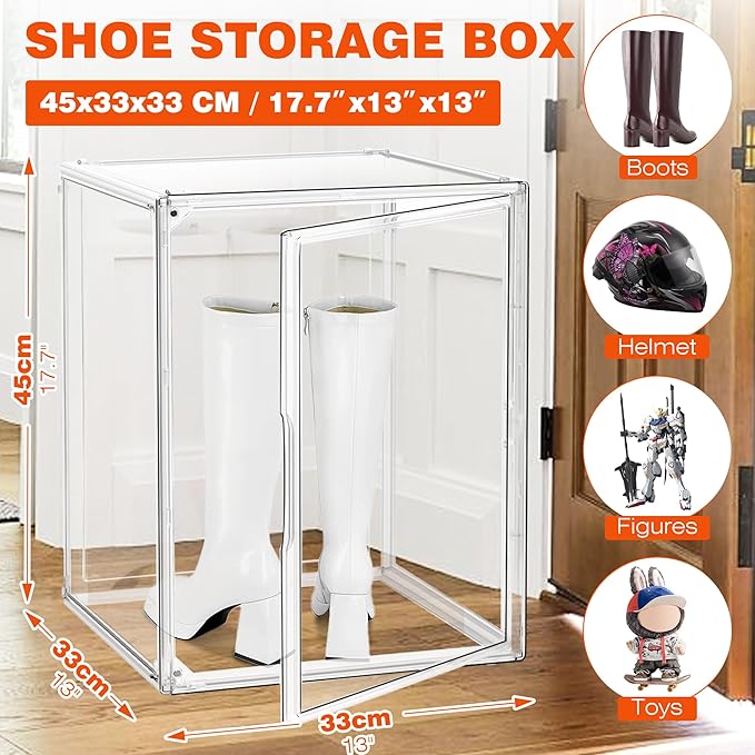 5 Pack XXX-Large Extra Large Acrylic Display Case 17.3'' x 13'' x 13'', Transparent Sneaker Boxes Clear Plastic Stackable Boot & Shoe Boxes Large Showcase for Helmet, Handbag, Figures Collectibles