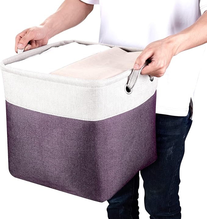 13 Inch Cube Storage Bins Purple - 3-Pack Purple Storage Cubes with Handles, 13x13x13 Fabric Storage Bins, Foldable Dark Purple Storage Baskets for Shelves, Cloth Organizer Cube Bins