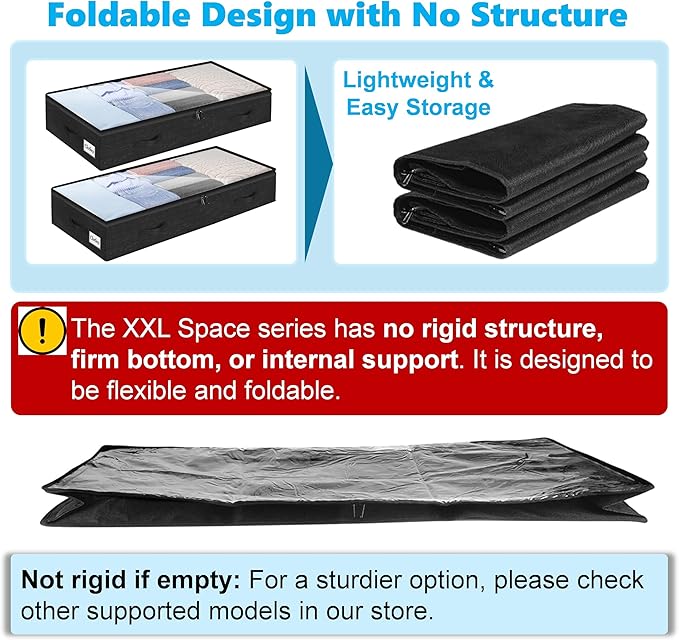 4 Pack 100L Under Bed Storage Containers, Low Profile Closet Organizers and Storage Bins for Dorm, Foldable Underbed Bag for Clothes, Blanket, Sheet, Wrapping Paper, Clear Window & Dual Zippers, Black