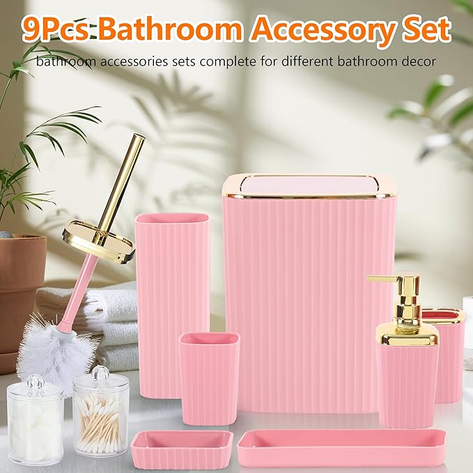 Bathroom Accessory Set,9 Pieces Pink Bathroom Accessories Set with Trash Can, Toothbrush Holder, Soap Dispenser, Toothbrush Cup, Vanity Tray, Soap Dish, Toilet Brush, Qtip Holder